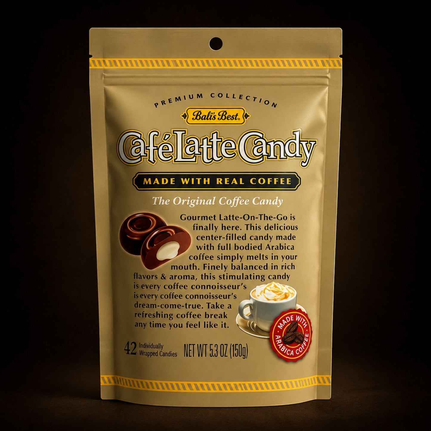 Café Latte Candy packaging with text and coffee-themed graphics on a dark background
