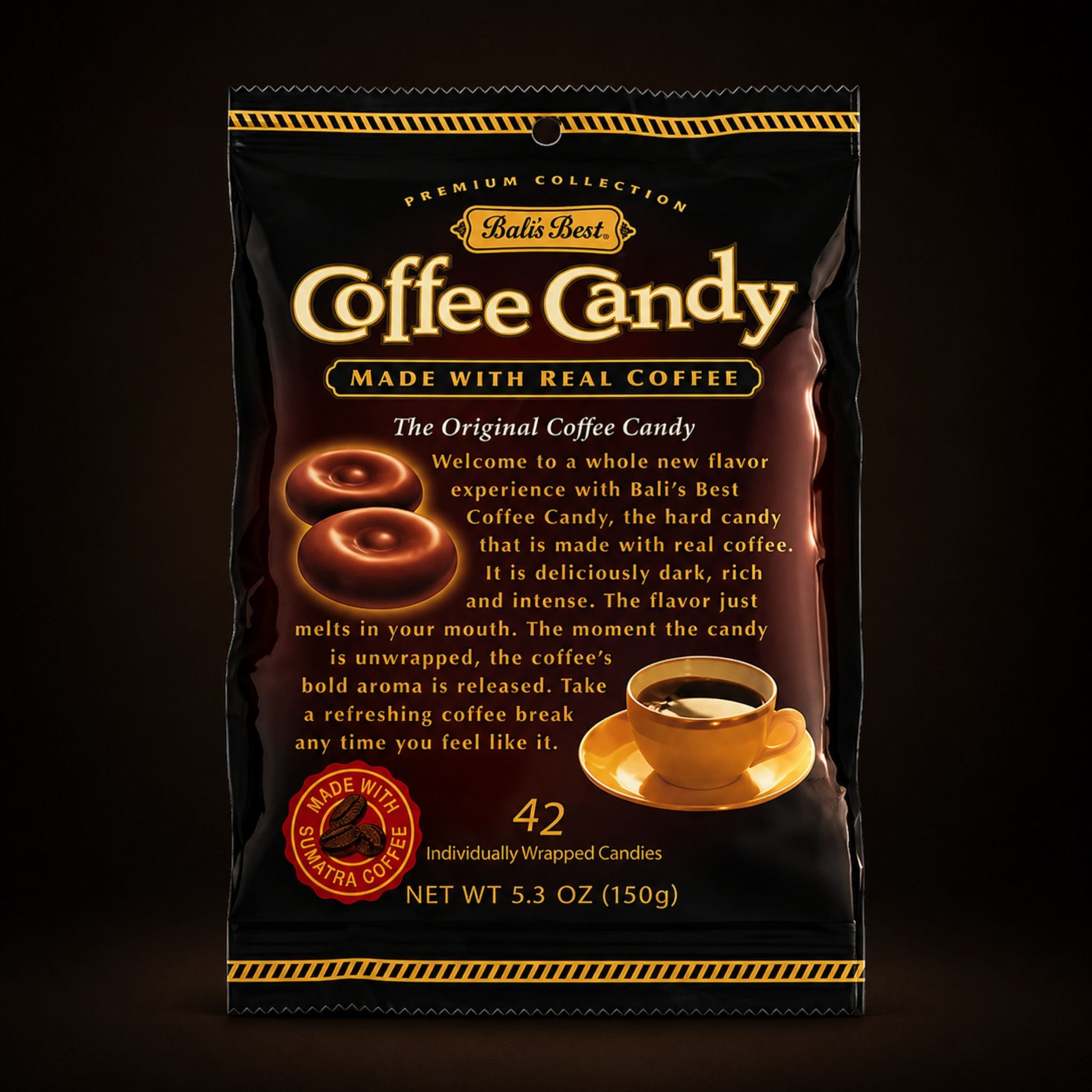 Packaging of Bali's Best Coffee Candy on a dark background