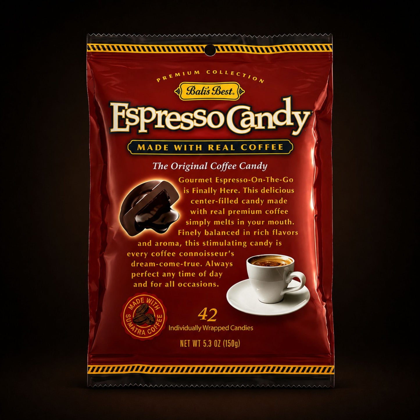 Packaging of Espresso Candy with a dark background