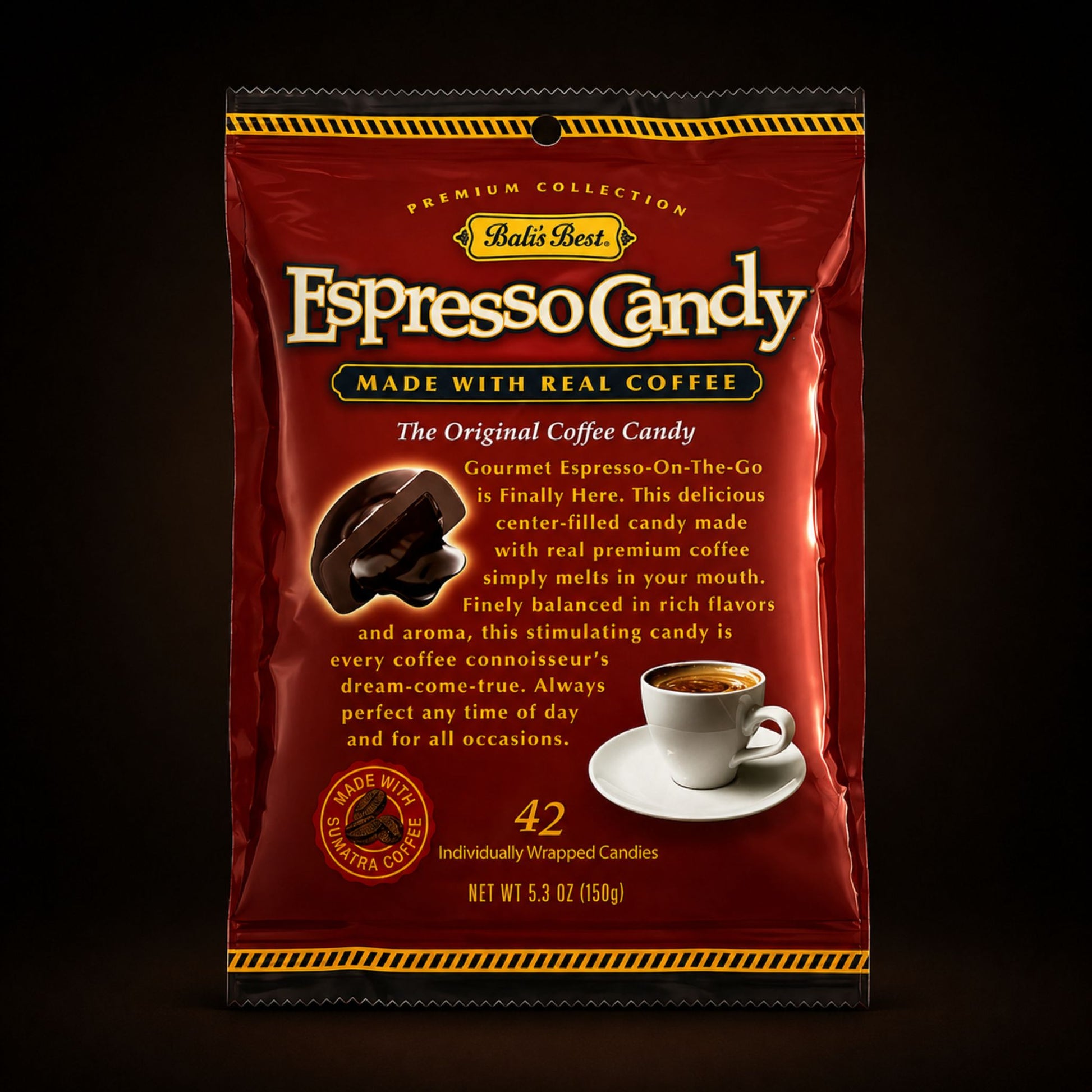 Packaging of Espresso Candy with a dark background