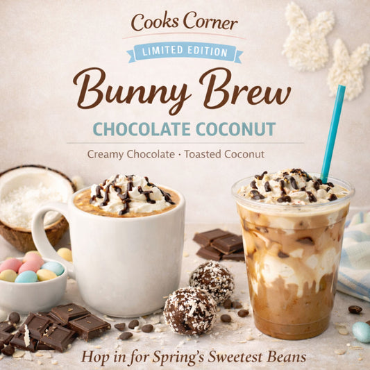 Promotional image of Bunny Brew Chocolate Coconut coffee drink with text and ingredients on a light background