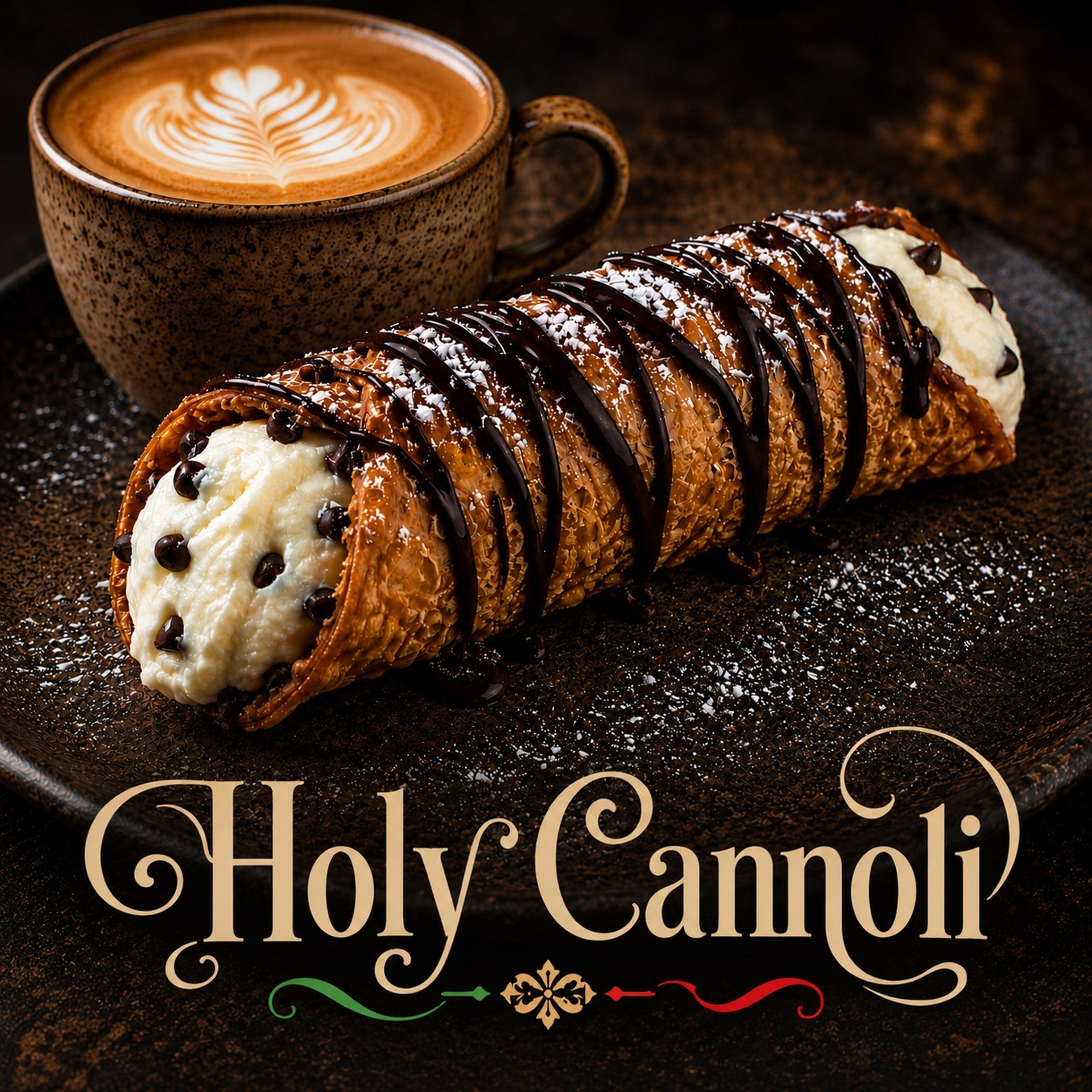 Cannoli with chocolate drizzle and a cup of coffee on a dark surface, featuring 'Holy Cannoli' text.