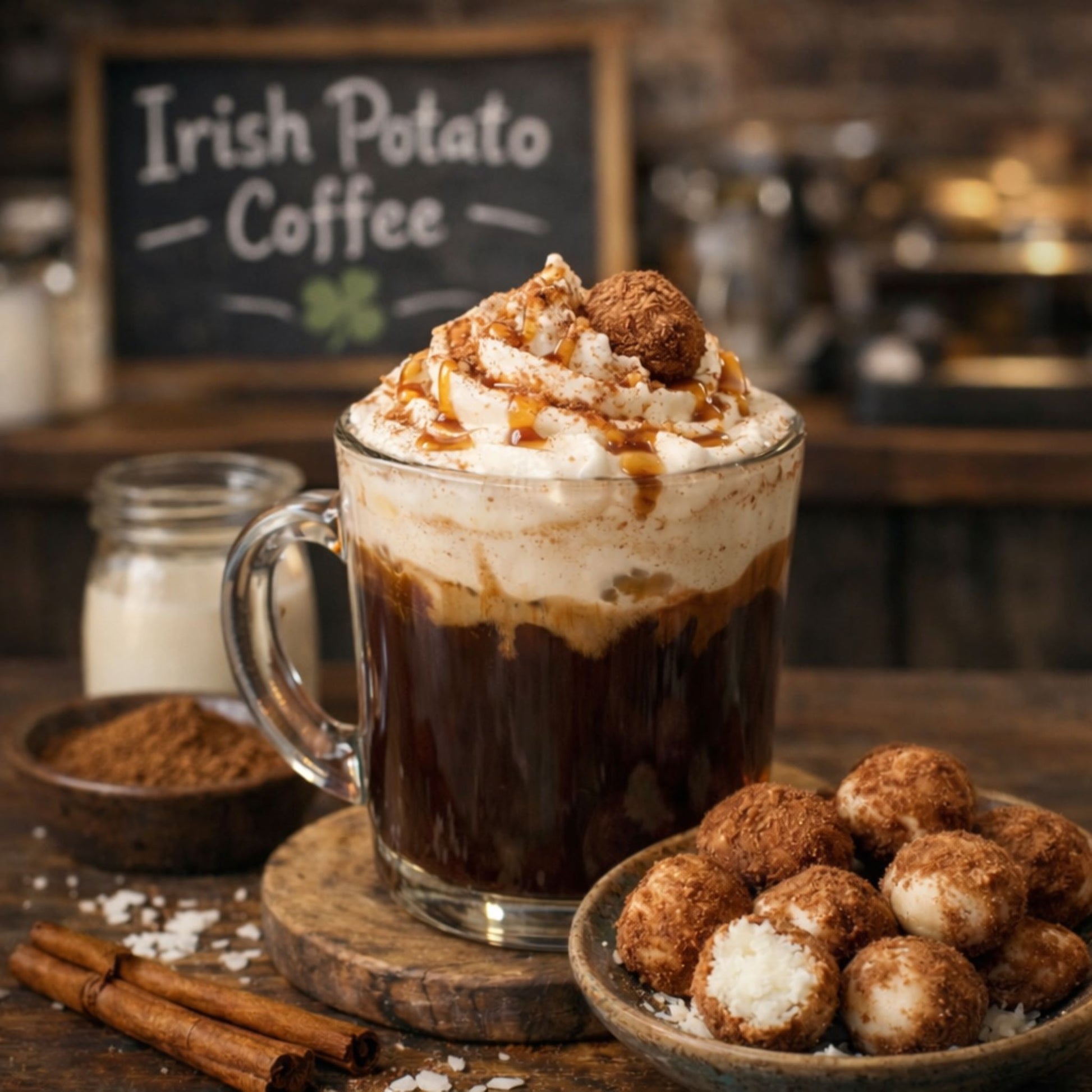 Product image with a clear mug of Irish potato coffee topped with whipped cream and cinnamon with the text Irish Potato coffee on a dark background
