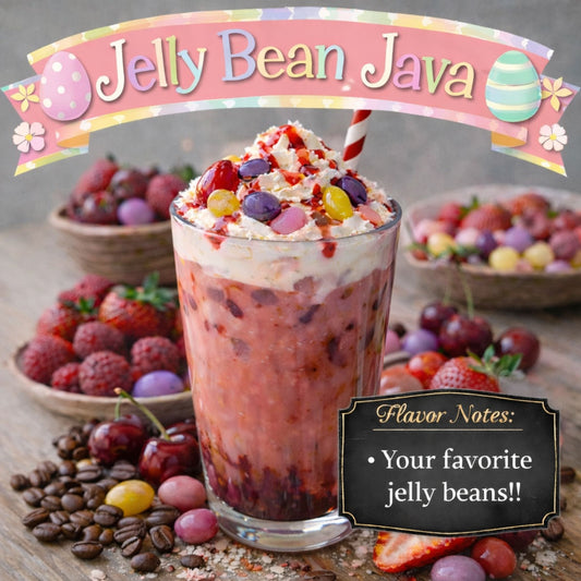 Frothy  coffee drink with jelly beans and whipped cream, surrounded by berries and coffee beans, with 'Jelly Bean Java' branding.